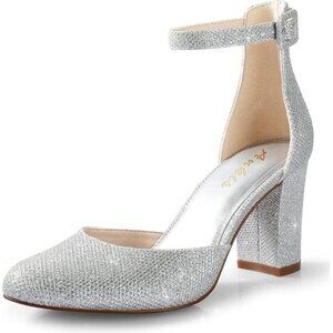 Ankis Silver Closed Toe Heels High Block Chunky 3 Inch Pumps For Women- Size 8.5